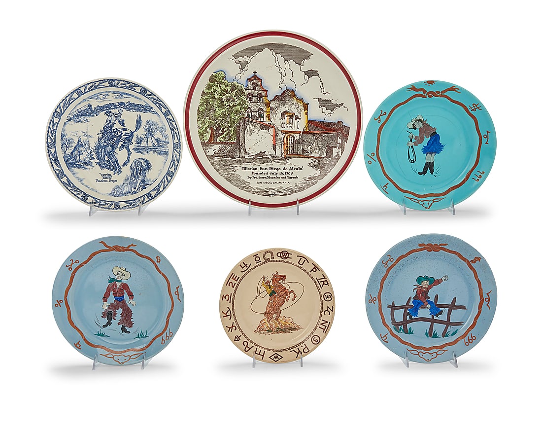 Six Western hand-painted or transfer-printed porcelain plates: Six Western hand-painted or transfer-printed porcelain plates Mid/late 20th century Comprising three painted with cowboy figures, one Till Goodan printed imaged of a bucking horse, one printed "Let