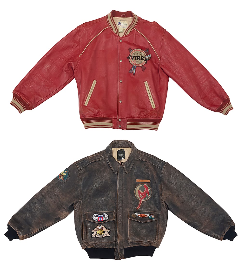 Two Avirex leather bomber jackets: Two Avirex leather bomber jackets Two works: A 'Red Cloud' Avirex red leather varsity style jacket, circa 1990's With chenille appliques to front and back including a shield emblem, 'Red Cloud',