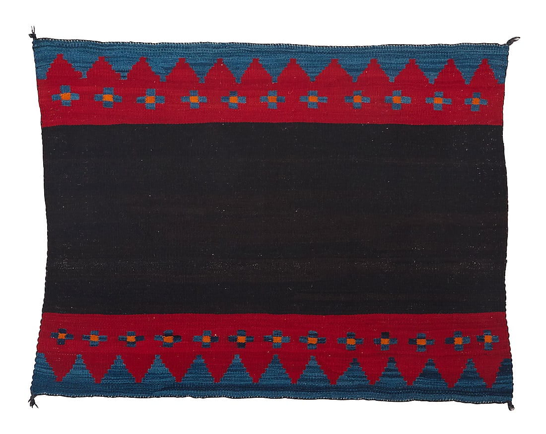 A Dine (Navajo) transitional manta weaving: A Dine (Navajo) transitional manta weaving Early 20th century Woven in brown, red, variegated blue, and orange wool with stepped borders and floating crosses to each long edge 4 ft 8 in. x 3 ft 6 1/2 