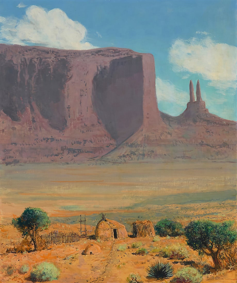 James Swinnerton (1875-1974), "Navajo Land, Monument Valley": James Swinnerton (1875-1974) "Navajo Land, Monument Valley" Oil on canvas Signed lower right: Swinnerton; titled on gallery and exhibition labels affixed to the frame's backing board 34 1/8 x 28 1/4