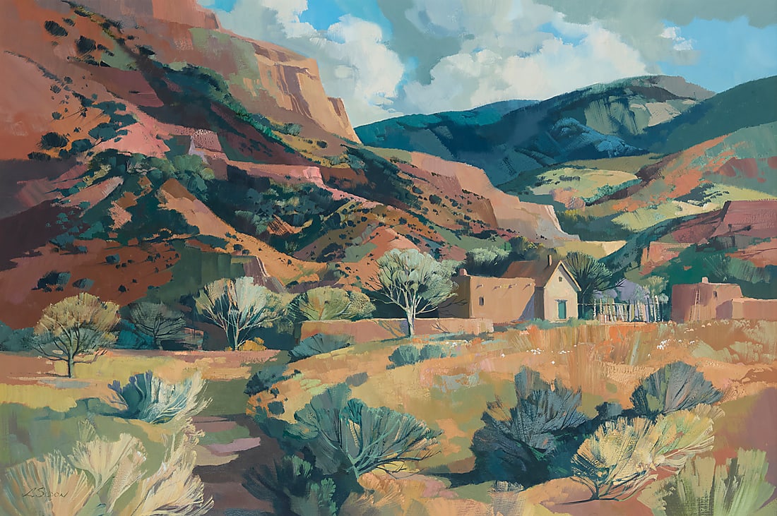Laurence Philip Sisson (1928-2015), "Sheltered": Laurence Philip Sisson (1928-2015) "Sheltered" Oil on Masonite Signed lower left: L. Sisson; titled on a gallery label that accompanies this lot 20 x 30 in. Provenance: Wadle Galleries Ltd, Santa Fe,