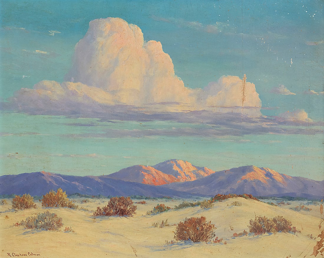 Roi Clarkson Coleman (1884-1945), "Floating Veils of the Desert": Roi Clarkson Coleman (1884-1945) "Floating Veils of the Desert" Oil on canvas Signed lower left: R. Clarkson Coleman; signed again and titled, all in pencil, on the stretcher 24 x 30 1/4 in.