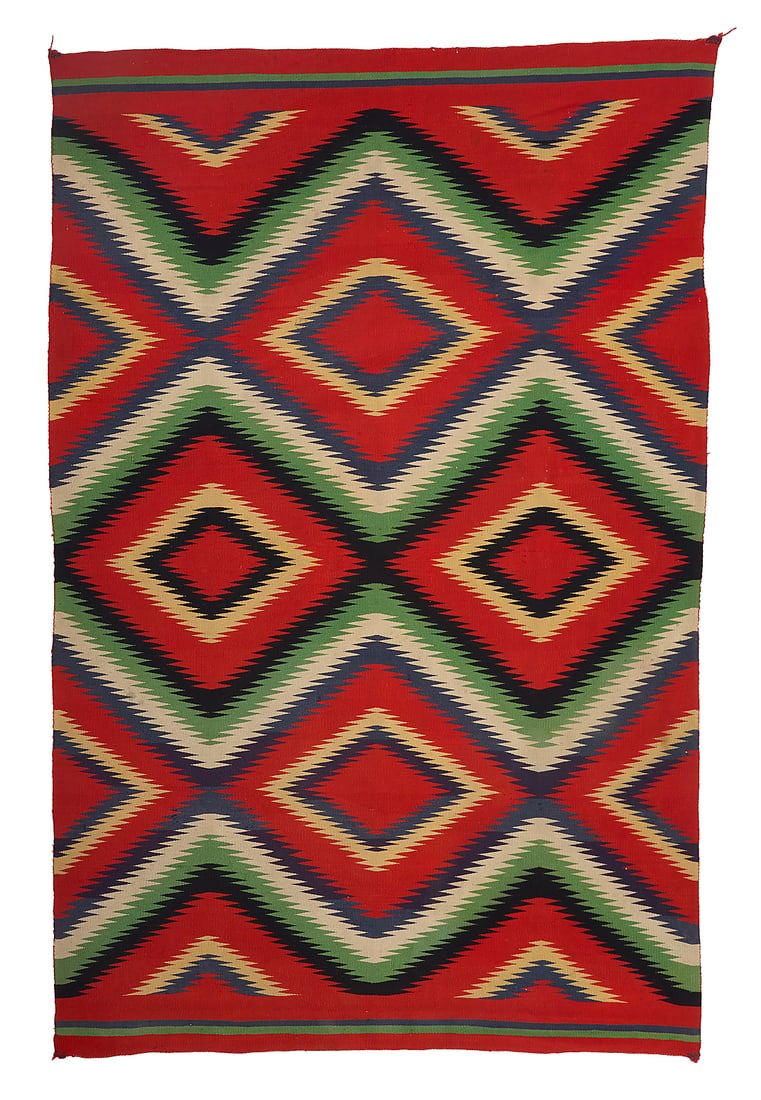 A Dine (Navajo) Germantown weaving: A Dine (Navajo) Germantown weaving Late 19th/early 20th century Woven in red, green, cream, blue, black, and pale yellow wool in an all-over diamond lattice pattern of concentric sawtooth diamond loze