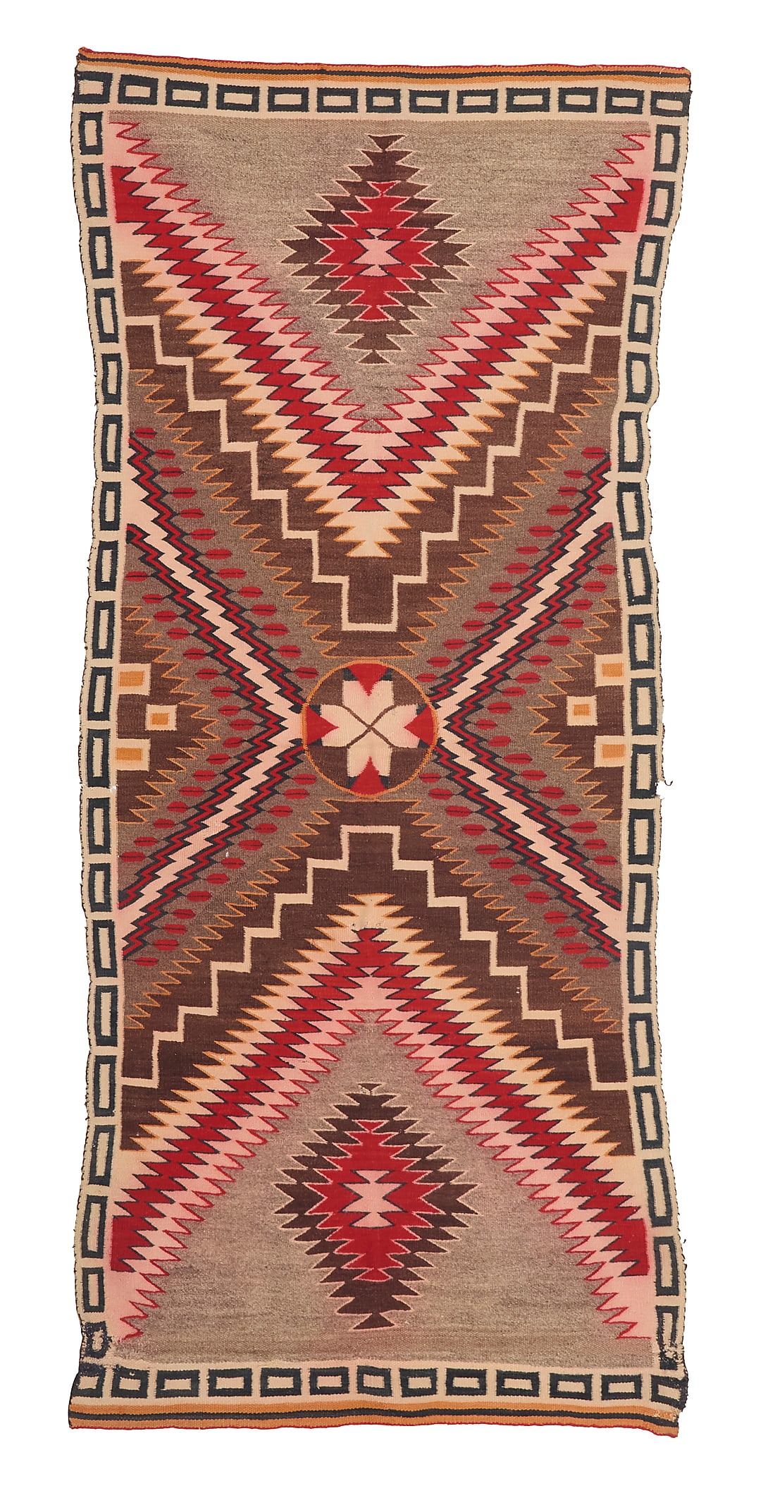 A Dine (Navajo) pictorial weaving: A Dine (Navajo) pictorial weaving Early/mid-20th century A narrow throw finely woven in red, brown, cream, grey, and orange wool with wool warps, featuring a central roundel with arrow motifs and