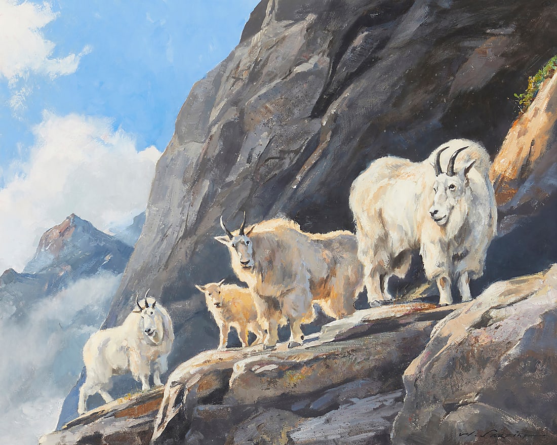 Luke Frazier, (b. 1970), "On Granite Cliffs," 2012, Oil on board, 30" H x 36" W: Luke Frazier (b. 1970) "On Granite Cliffs," 2012 Oil on Masonite Signed lower right: L. Frazier, dated upper right: ©12; signed and dated again, and titled, all on an artist's label affixed verso; ti