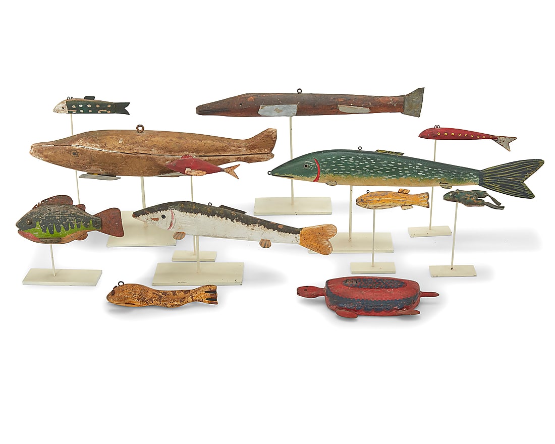 Twelve Folk Art polychrome carved wood fish and amphibian models (1 of 2)