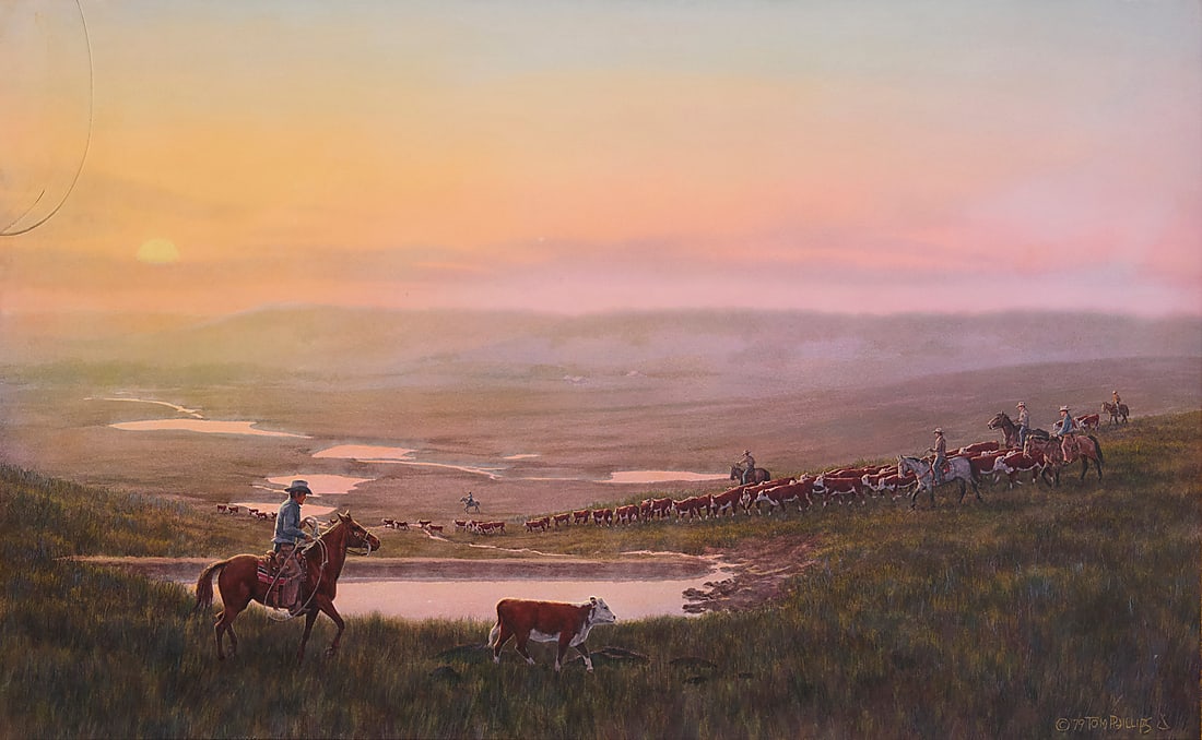 Tom Phillips (1927-2005), Cowboys herding cattle in a Western landscape: Tom Phillips (1927-2005) Cowboys herding cattle in a Western landscape Watercolor and pastel on paper Signed, dated, and with the artist's tipi device lower right: © 79 Tom Phillips Sight: 26 1/4 x