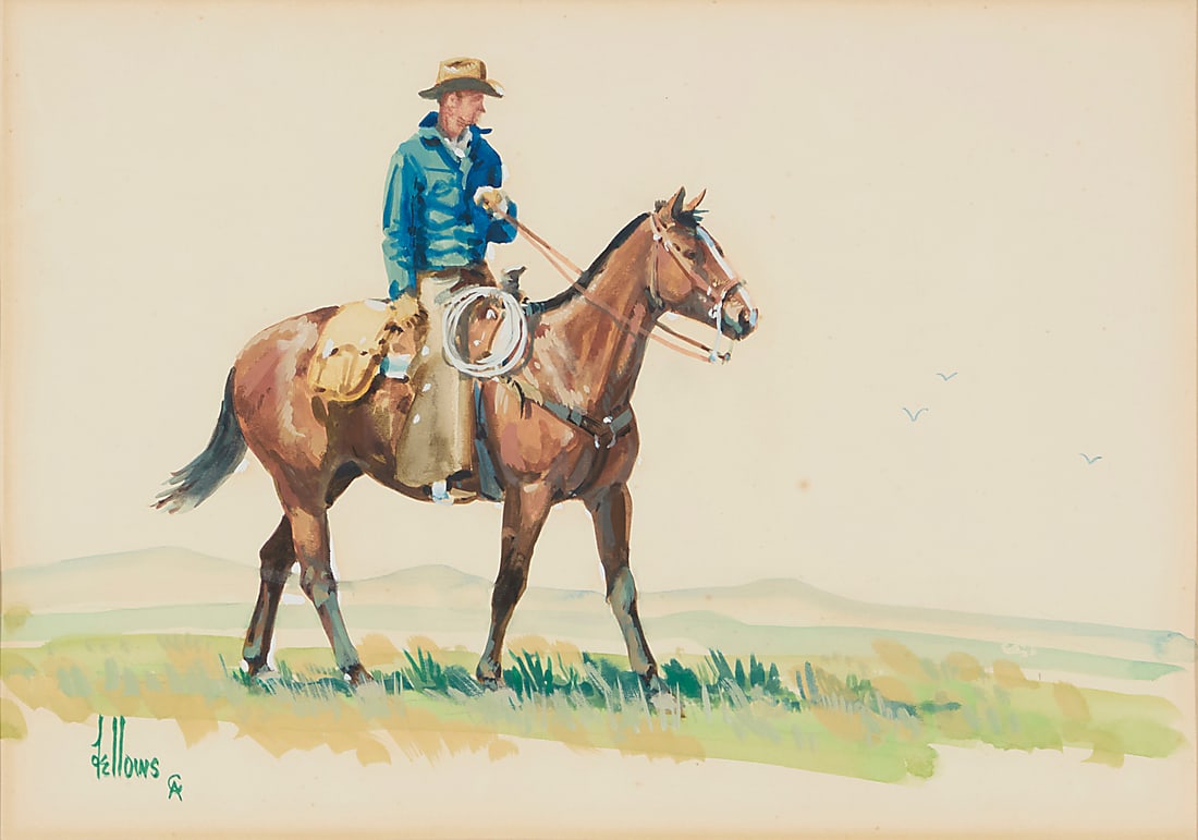 Fred Fellows (b. 1934), "Spring Time": Fred Fellows (b. 1934) "Spring Time" Watercolor and gouache on paper Signed lower left: Fellows / CA; titled possibly in another hand on the frame's backing board Sight: 9 1/2 x 13 1/2 in.
