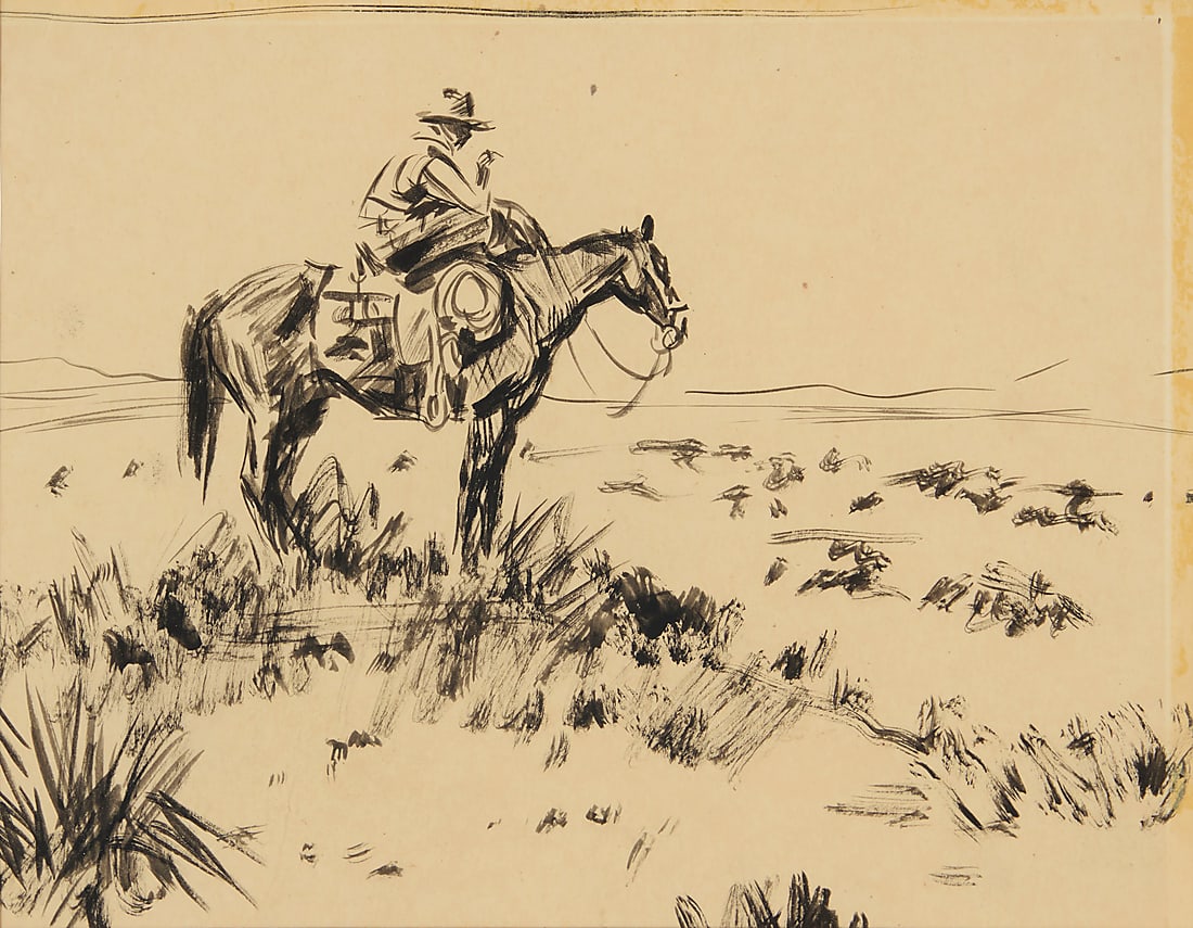 Attributed to Frank B. Hoffman (1888-1958), A cowboy on horseback smoking: Attributed to Frank B. Hoffman (1888-1958) A cowboy on horseback smoking Ink on tissue paper laid to board Appears unsigned Sight: 7 7/8 x 9 7/8 in.