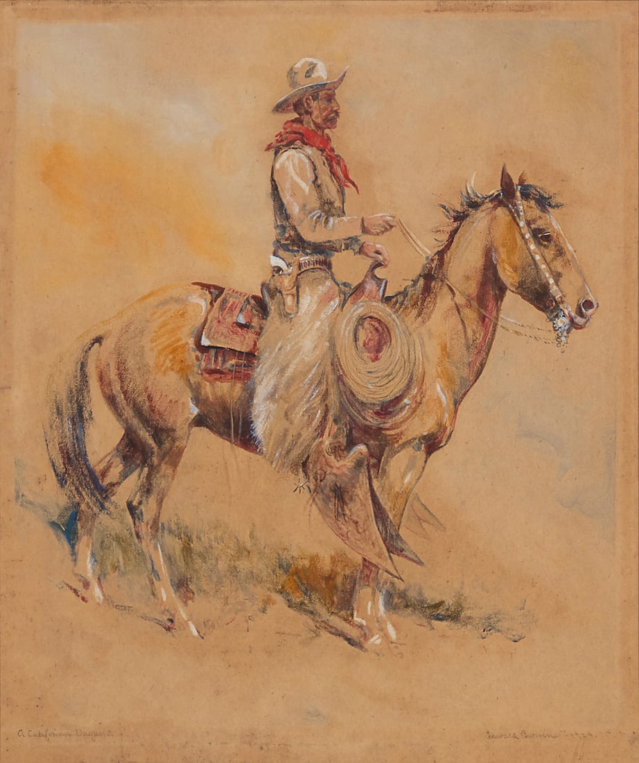 Edward Borein (1872-1945), "A California Vaquero," 1924: Edward Borein (1872-1945) "A California Vaquero," 1924 Monoprint with gouache highlights on paper mounted to paperboard Signed and dated in pencil lower right: Edward Borein; titled lower left;