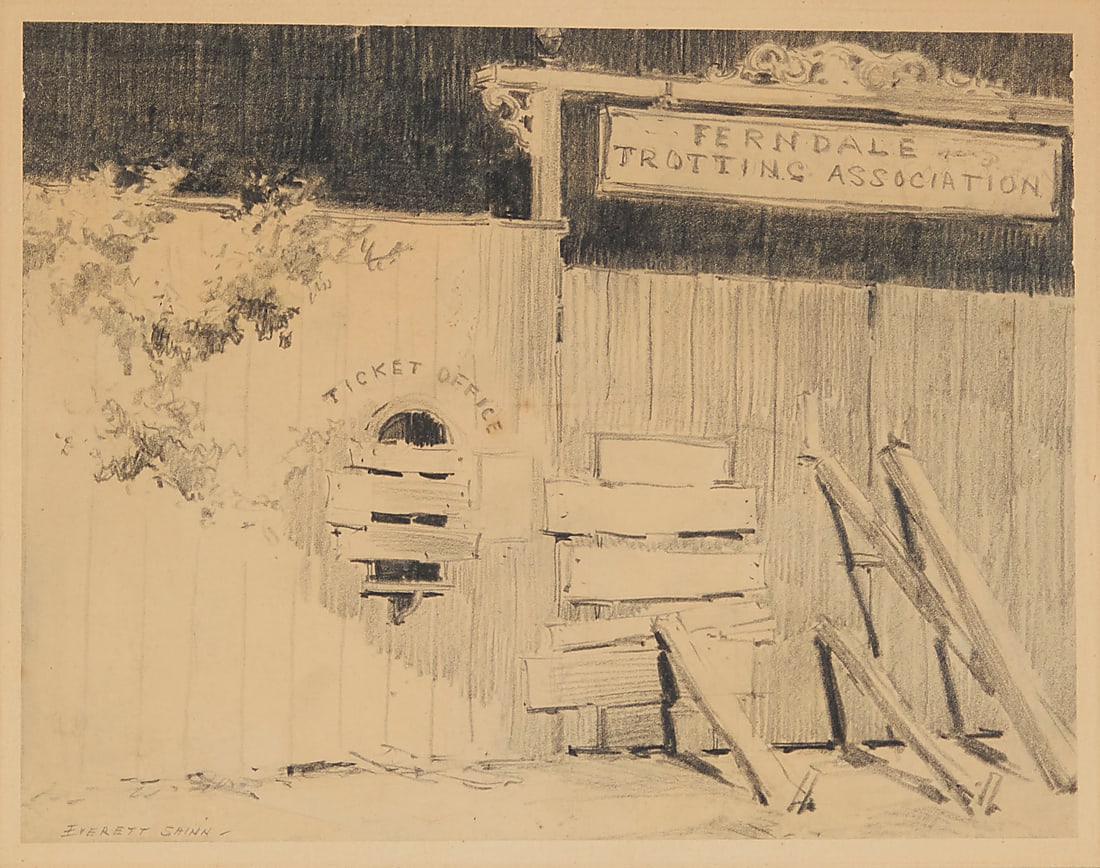 Everett Shinn (1876-1953), Ferndale Trotting Association ticket booth: Everett Shinn (1876-1953) Ferndale Trotting Association ticket booth Pencil on paper mounted to illustration board Signed lower left: Everett Shinn Sheet: 8 x 10 3/8 in.; Sight: 8 1/2 x 10 7/8 in.