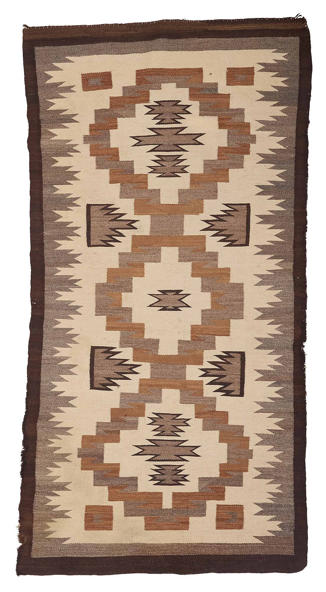 A Dine (Navajo) regional rug: A Dine (Navajo) regional rug Mid-20th century Woven in cream, dark brown, mottled brown, and tan wool with a column of central conjoined stepped diamonds, with floating sawtooth motifs and a complex s