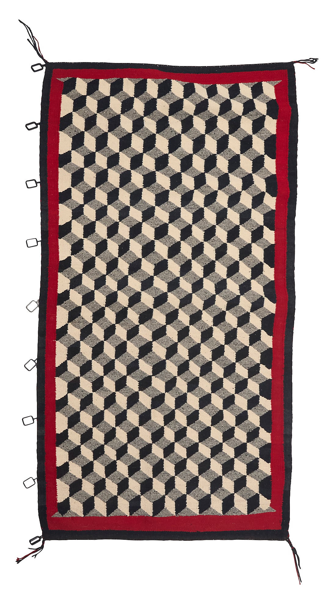 A Dine (Navajo) optical rug: A Dine (Navajo) optical rug Second half 20th century Woven in red, grey, cream, and black wool with an allover optical pattern of interlocking three-dimensional cubes 5 ft. x 2 ft. 7 in. approximately
