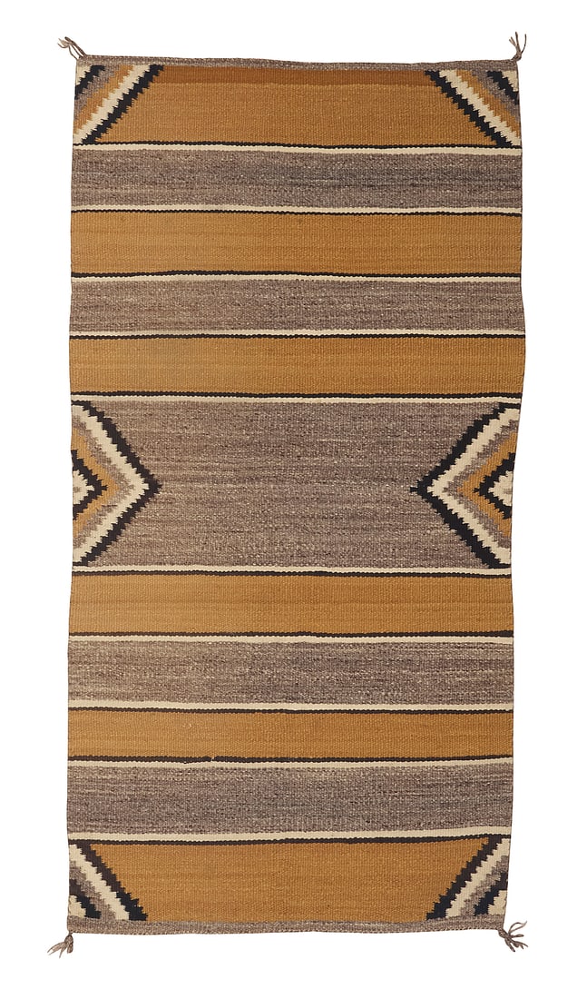 A Dine (Navajo) double saddle blanket: A Dine (Navajo) double saddle blanket Mid/late 20th century The long blanket woven in cream, black, ochre, and mottled grey wool with wide ochre bands alternating with grey bands, and with concentric 