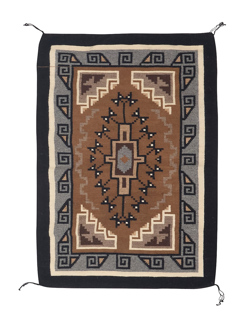 Mary L. Tom (20th/21st century, Dine [Navajo]), A fine Two Grey Hills textile: Mary L. Tom (20th/21st century, Dine [Navajo]) A finely woven Two Grey Hills petite rug Worked with a central delicate hooked stepped diamond with stylized butterfly motifs within a complex stepped ho