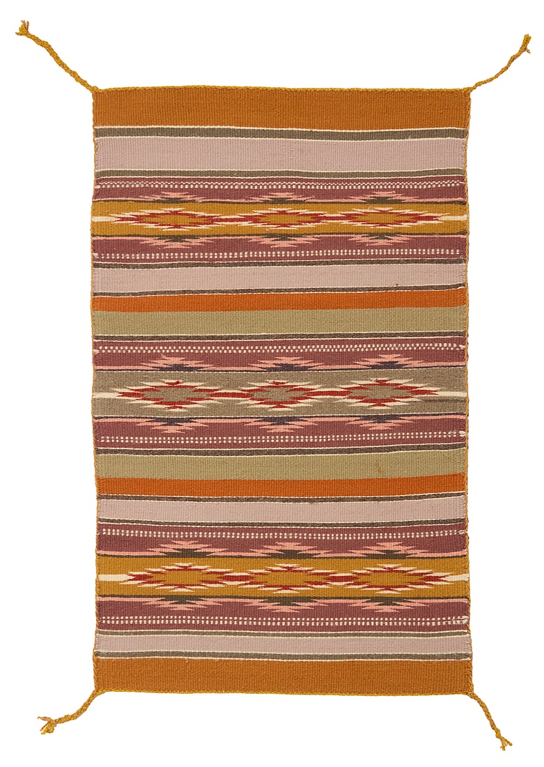 A Dine (Navajo) Wide Ruins textile: A Dine (Navajo) Wide Ruins textile Late 20th century Woven in multicolor wool, with alternating bands of stacked serrated diamonds 2 ft. 8 in. x 1 ft. 8 in. Provenance: Private Collection, Indian Well