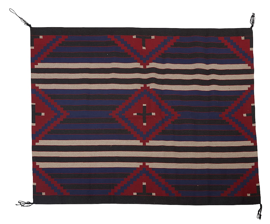 A Dine (Navajo) third phase chiefs-style weaving: A Dine (Navajo) third phase chiefs-style weaving Second half 20th century, attributed to Priscilla Warren (20th century, Dine) Woven in in dark gray, red, light gray, and blue wool with contrast strip