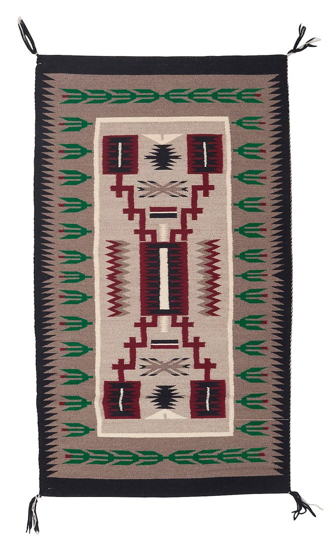 A Dine (Navajo) storm pattern regional rug: A Dine (Navajo) storm pattern regional rug Late 20th century, attributed to Daisy George, Dine Woven in grey, black, green, red, and white wool, featuring a central storm pattern with hatched zigzag '