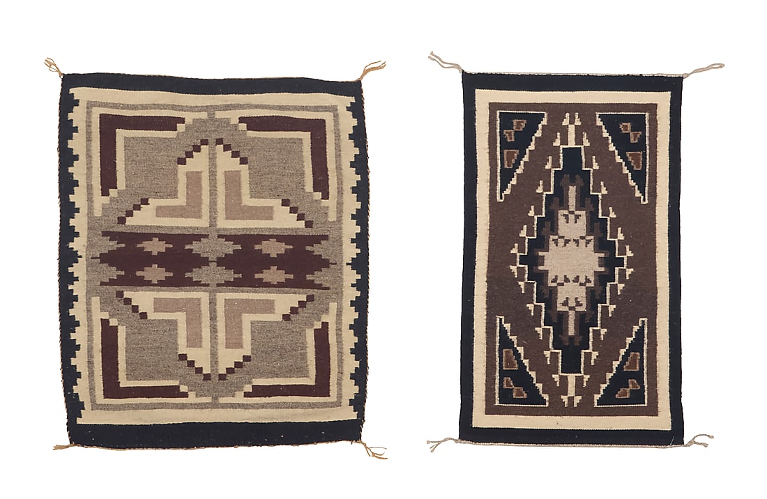 Two Dine (Navajo) regional mats: Two Dine (Navajo) regional mats Late 20th century; the smaller attributed to Elise Henderson, Dine, circa 1982 Each variously woven in grey, black, brown, cream, and tan wool with stepped diamonds