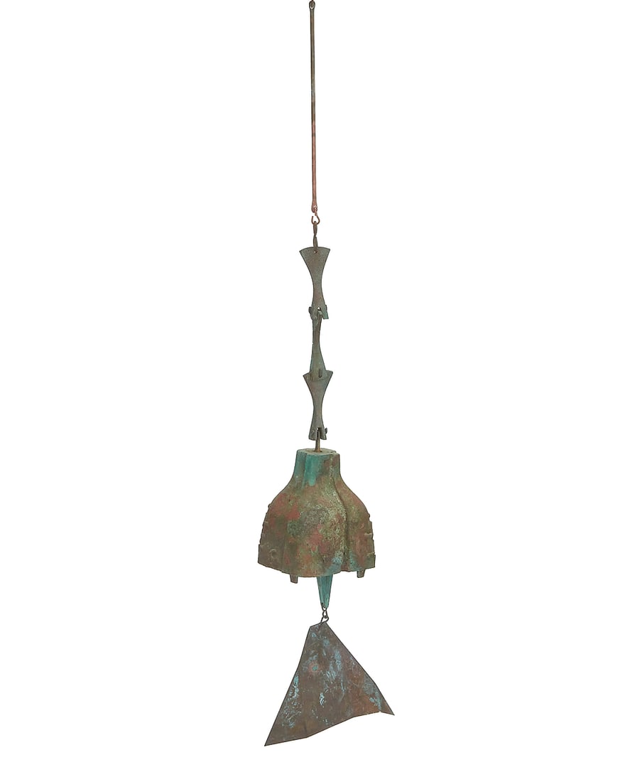 Paolo Soleri (1919-2013), A Cosanti wind bell, mid/late 20th century; Paradise Valley, AZ: Paolo Soleri (1919-2013) A Cosanti wind bell, mid/late 20th century; Paradise Valley, AZ With cast Paolo Soleri cipher The cast bronze bell with clapper and sheet copper fin Height overall 34 in.;