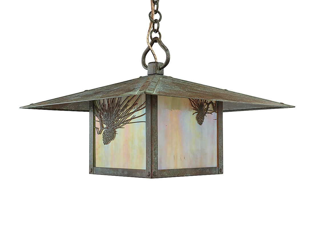 An Arroyo Craftsman Arts & Crafts-style 'Evergreen' ceiling lantern: An Arroyo Craftsman Arts & Crafts-style 'Evergreen' ceiling lantern Early 21st century The patinated brass case with iridescent slag glass panels housing a single light, electrified Factory label appl