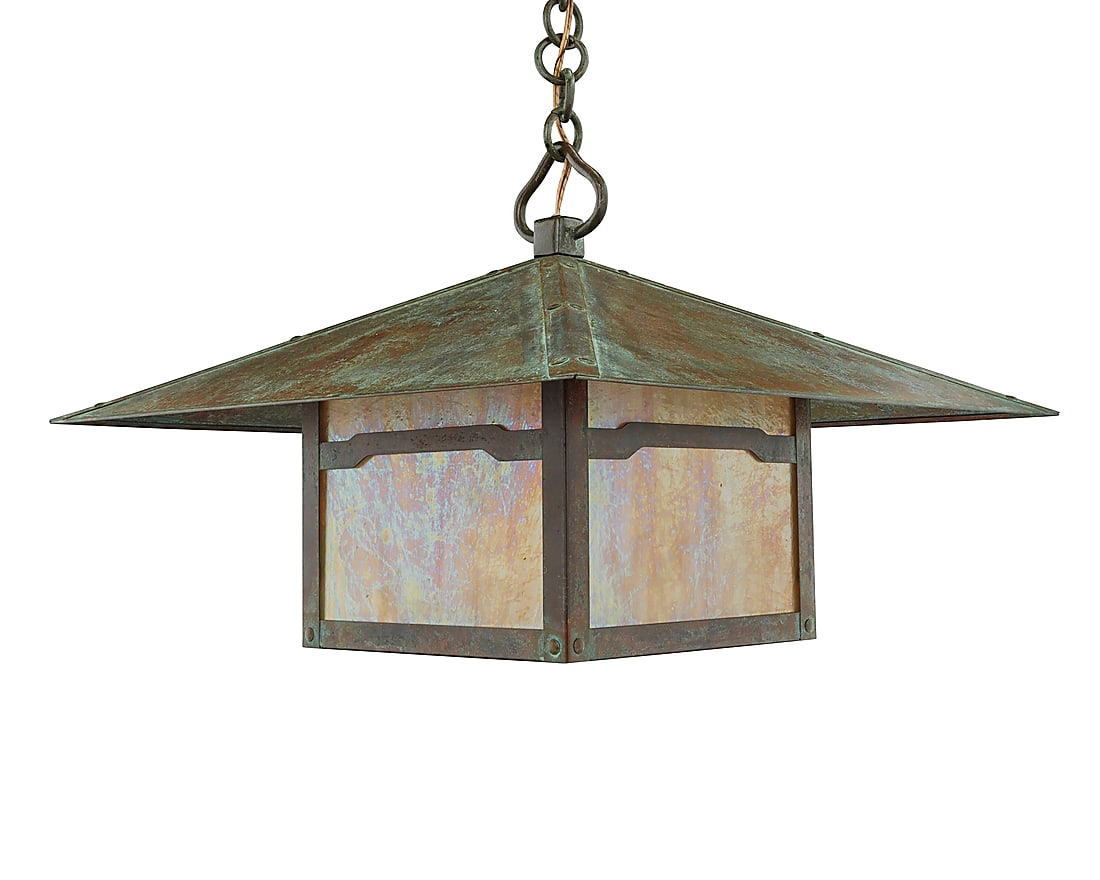 An Arroyo Craftsman Arts & Crafts-style 'Cloud Lift' ceiling lantern: An Arroyo Craftsman Arts & Crafts-style 'Cloud Lift' ceiling lantern Early 21st century The patinated brass case with iridescent slag glass panels housing a single light, electrified Factory label app