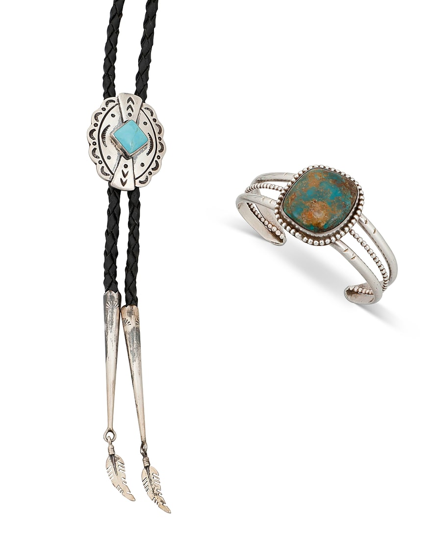 Two Southwest sterling silver and turquoise jewelry items: Two Southwest sterling silver and turquoise jewelry items Late 20th century Comprising a three-wire cuff bracelet with a central set oblong turquoise stone, together with a small concho-style