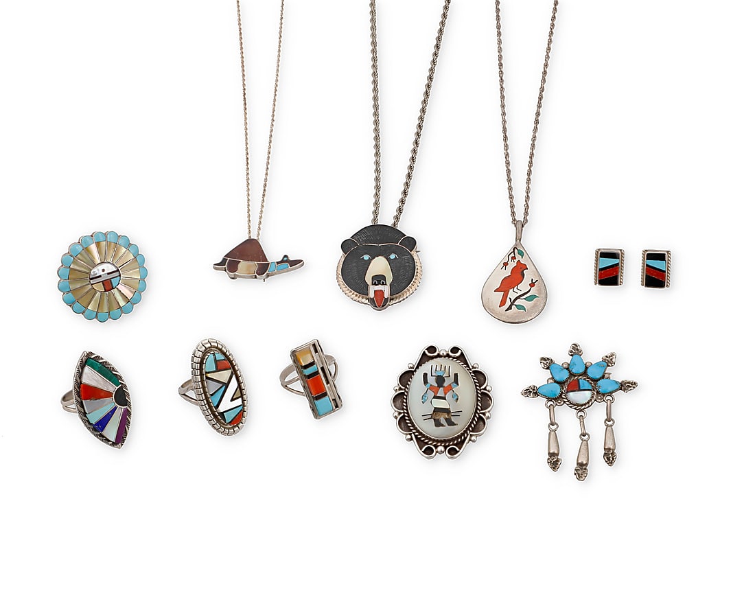 Ten Zuni-style sterling silver and stone inlay jewelry items: Ten Zuni-style sterling silver and stone inlay jewelry items Late 20th century Ten works by various artists in geometric or figural multistone inlay including turquoise, coral, mother of pearl, lapis 