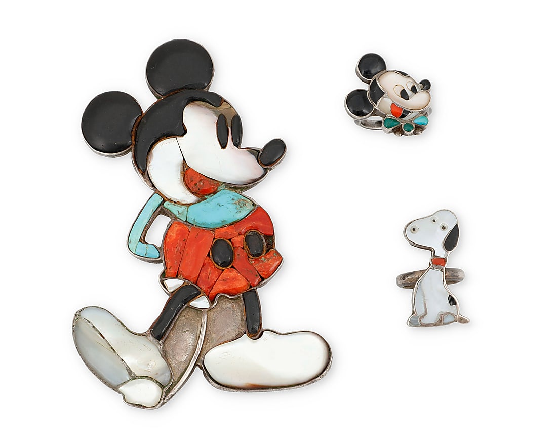 Three sterling silver and multistone inlay cartoon-themed figural jewelry items (1 of 2)