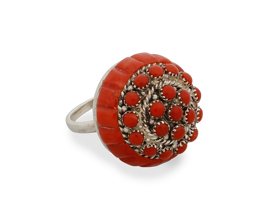 Lee & Mary Weebothee (1927-2015 & 1934-1995, Zuni Pueblo), A silver and coral ring (1 of 2)