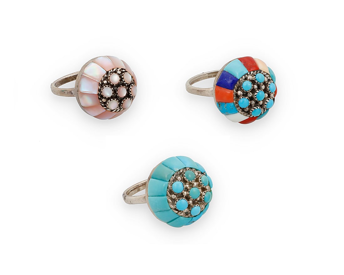 Lee & Mary Weebothee (1927-2015 & 1934-1995, Zuni Pueblo), Three silver and gem-set rings (1 of 2)