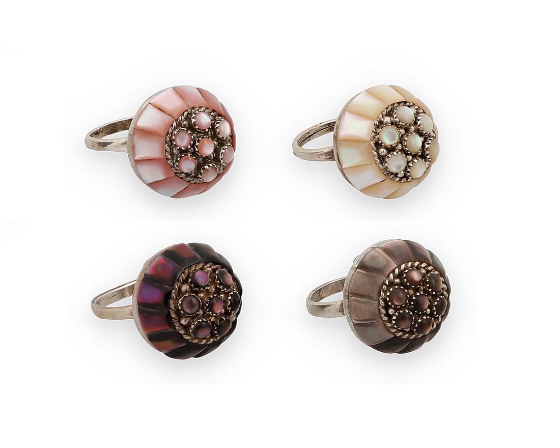 Lee & Mary Weebothee (1927-2015 & 1934-1995, Zuni Pueblo), Four silver and gem-set rings (1 of 2)