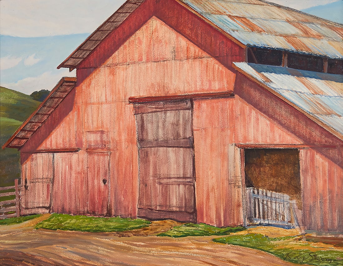 Ray Strong (1905-2006), "Red Barn, Chamberlin Ranch, Los Olivos," circa 1989: Ray Strong (1905-2006) "Red Barn, Chamberlin Ranch, Los Olivos," circa 1989 Oil with traces of pencil on Masonite Signed lower right: Ray Strong; numbered "131" in ink, verso; titled and dated on a ga