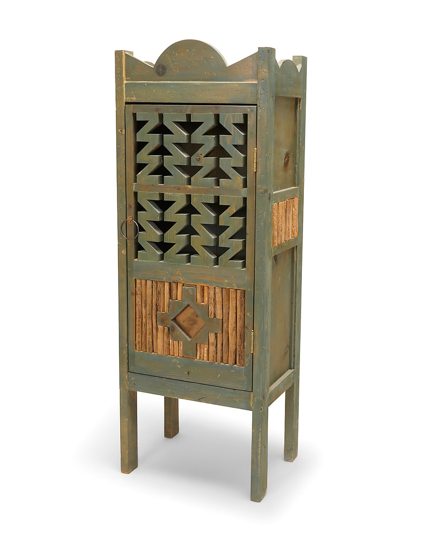 A New Mexican-style painted wood cabinet: A New Mexican-style painted wood cabinet Late 20th/early 21st century With upper gallery above openwork cabinet door with inset wood rods, opening to reveal two shelves Inscribed right side proper: AV