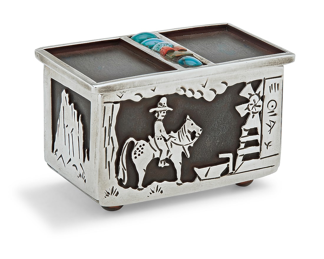 Kenneth "Ken" Peshlakai (20th/21st century, Dine [Navajo]), A diminutive sterling silver and mixed: Kenneth "Ken" Peshlakai (20th/21st century, Dine [Navajo]) A diminutive sterling silver and mixed metal lidded box with pictorial silver overlay featuring figures and animals in a landscape, and with 