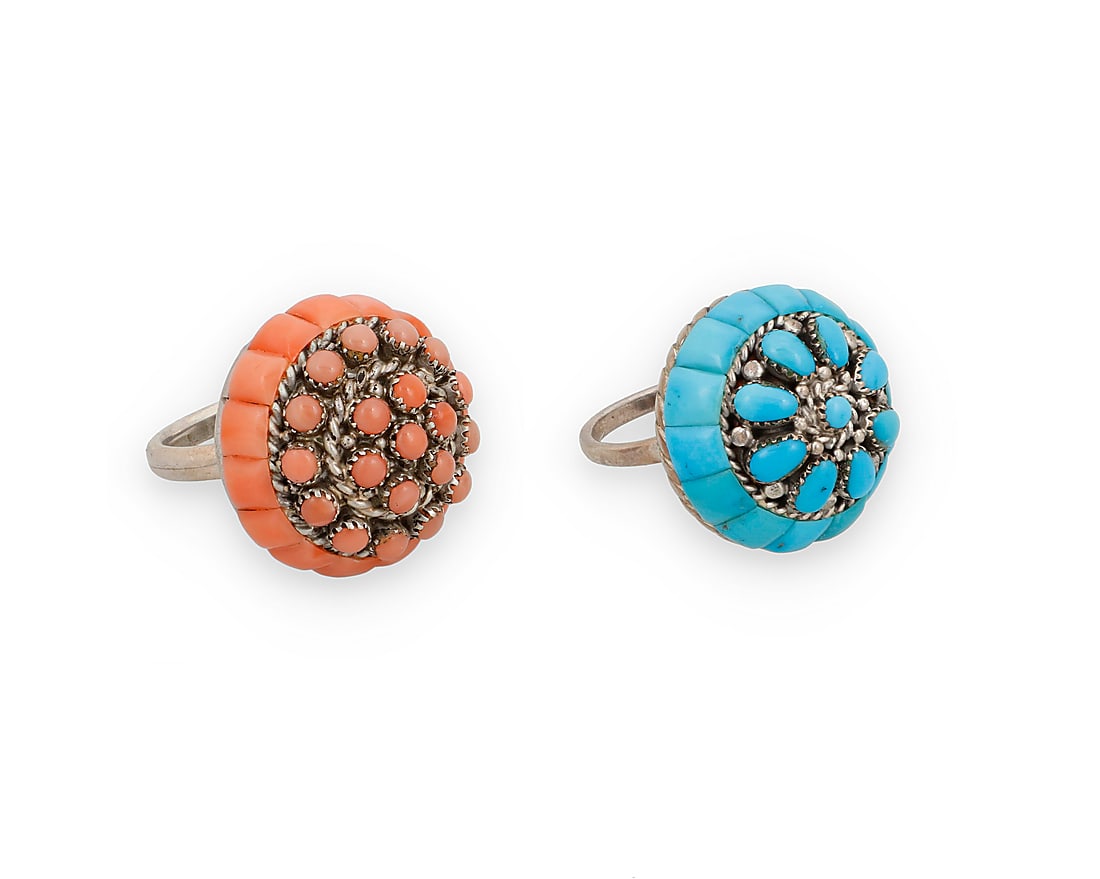Lee & Mary Weebothee (1927-2015 & 1934-1995, Zuni Pueblo), Two silver and gem-set rings (1 of 2)