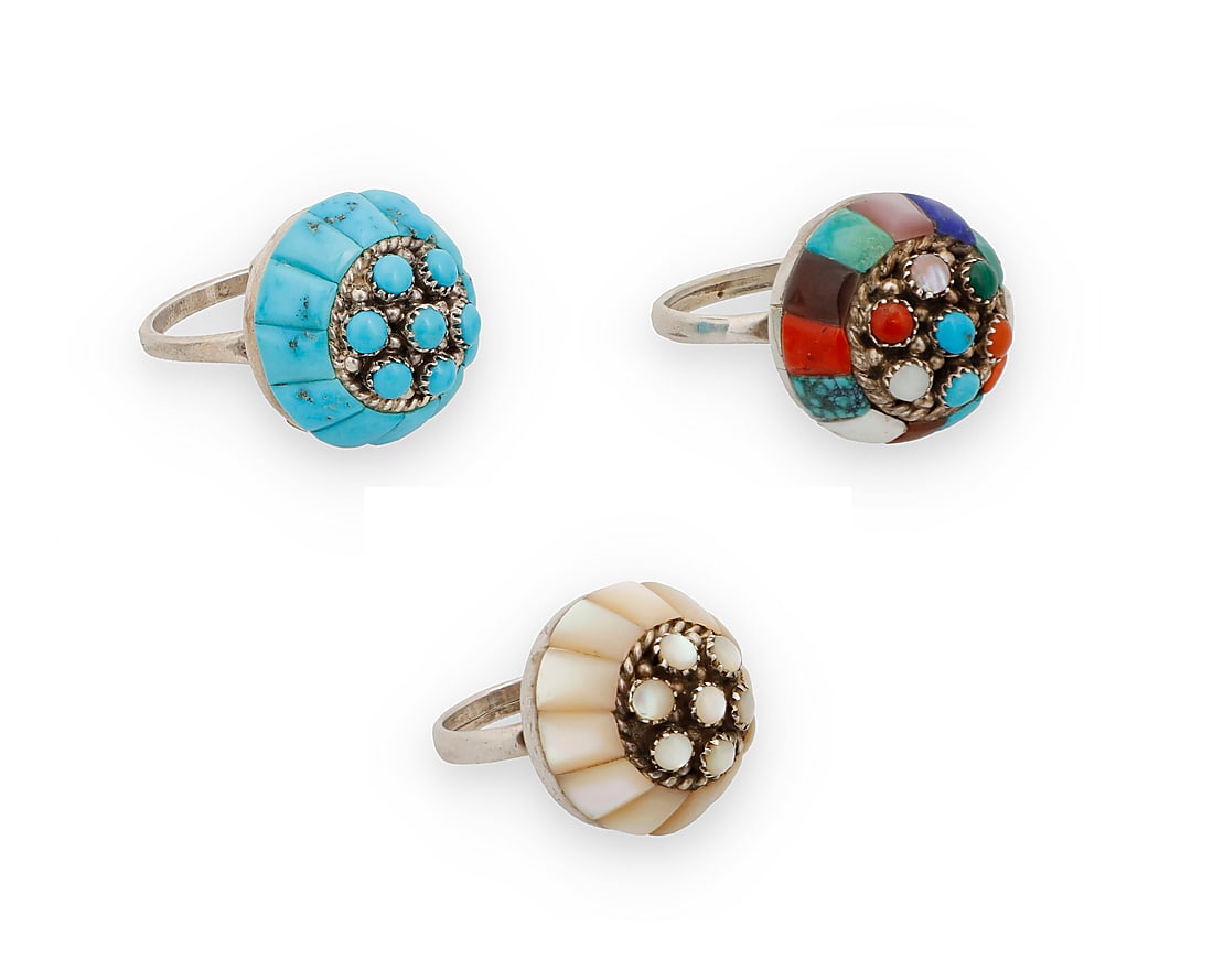 Lee & Mary Weebothee (1927-2015 & 1934-1995, Zuni Pueblo), Three silver and gem-set rings (1 of 2)