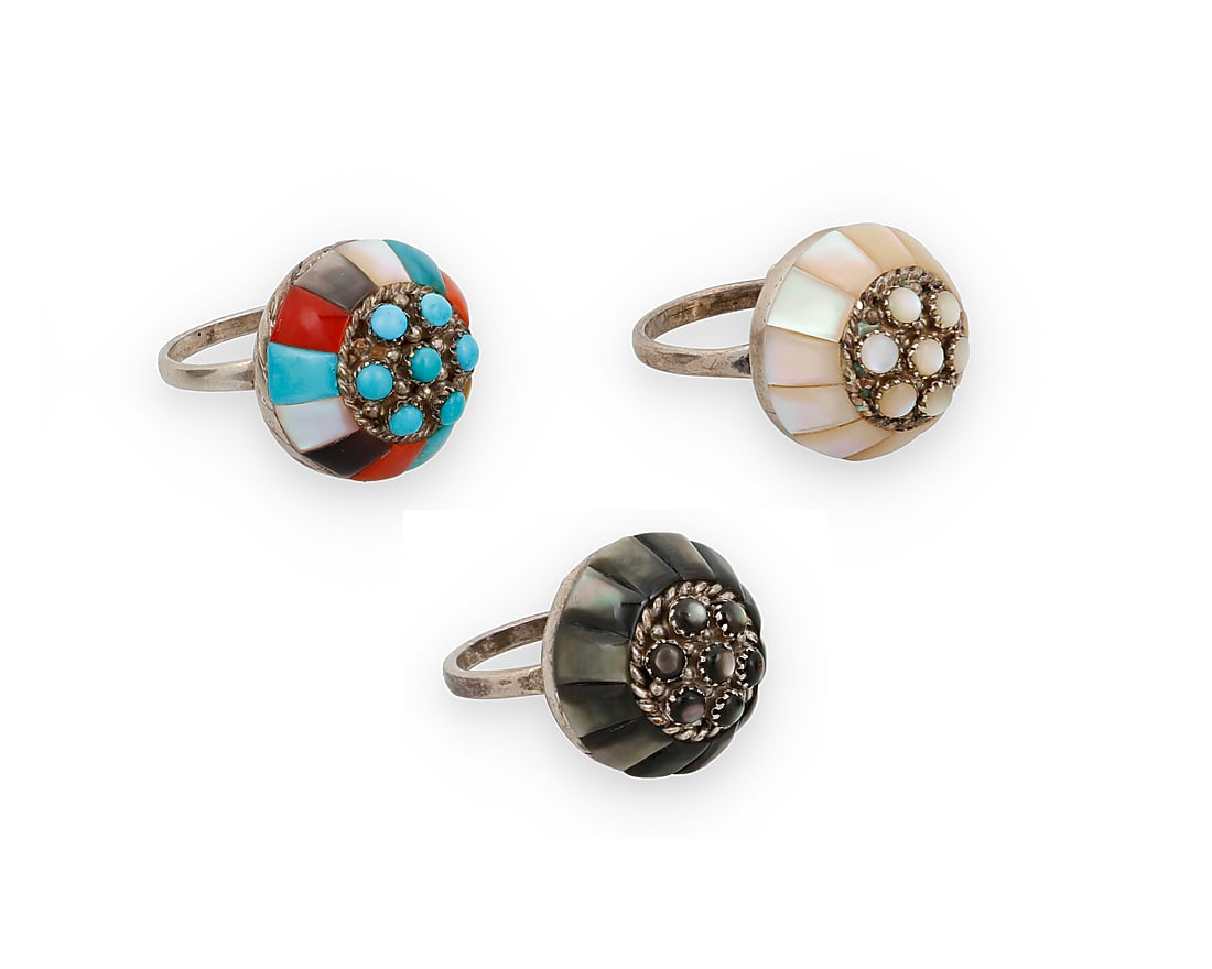 Lee & Mary Weebothee (1927-2015 & 1934-1995, Zuni Pueblo), Three silver and gem-set rings (1 of 2)