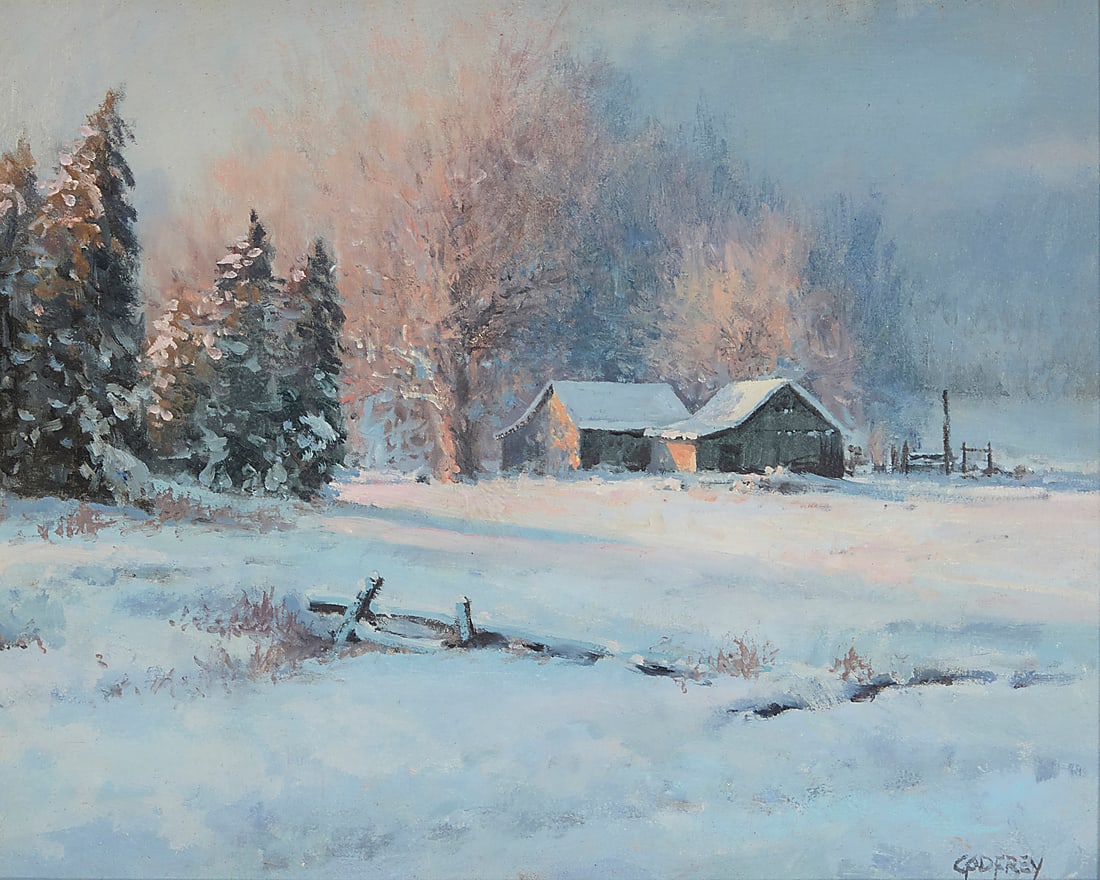 Mitchell Godfrey (b. 1958), Ranch in winter: Mitchell Godfrey (b. 1958) Ranch in winter Oil on board Signed lower right: Godfrey 8 x 10 in. Provenance: Private collection, Prescott, AZ By family descent