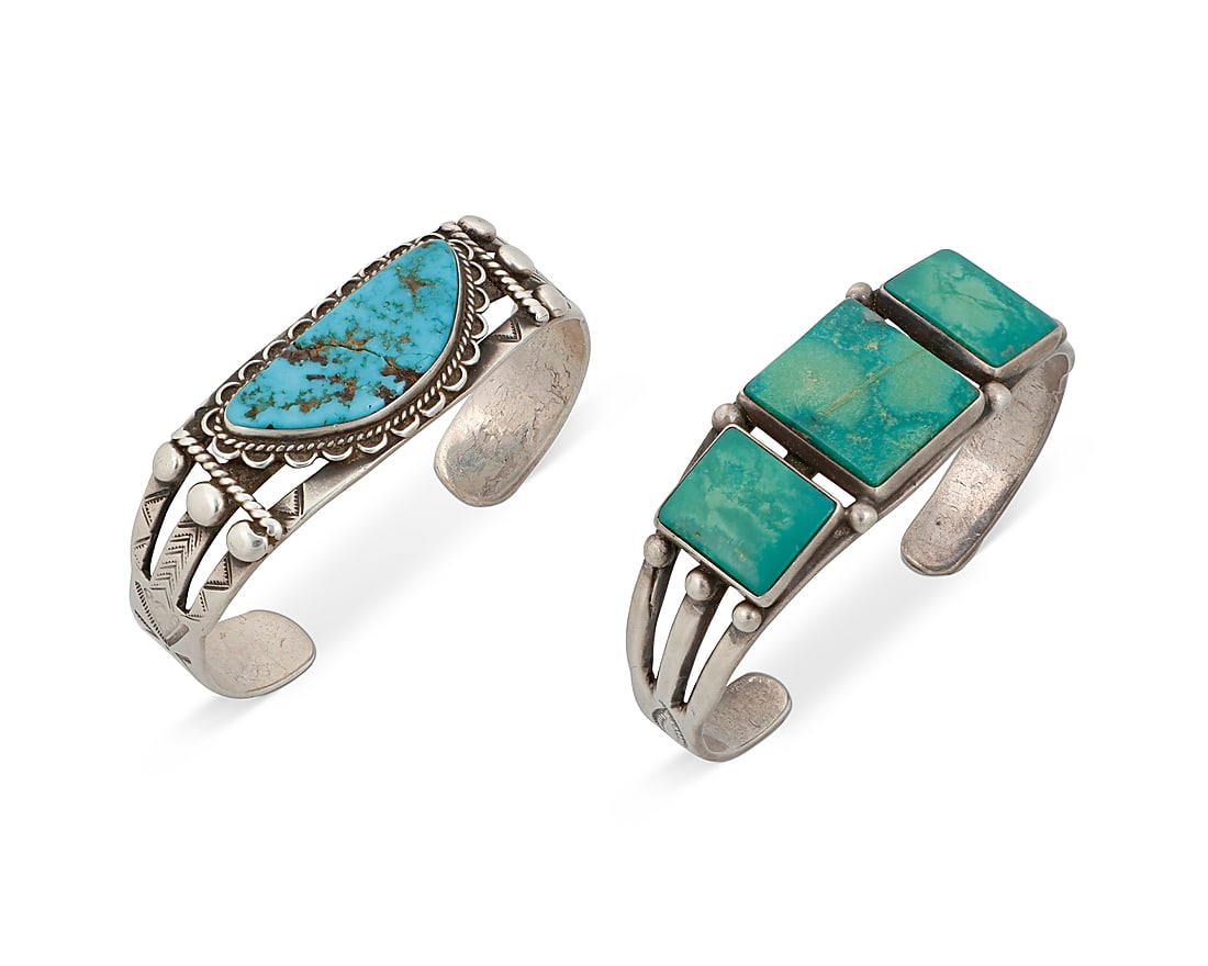 Two Dine (Navajo) sterling silver and turquoise cuff bracelets (1 of 2)