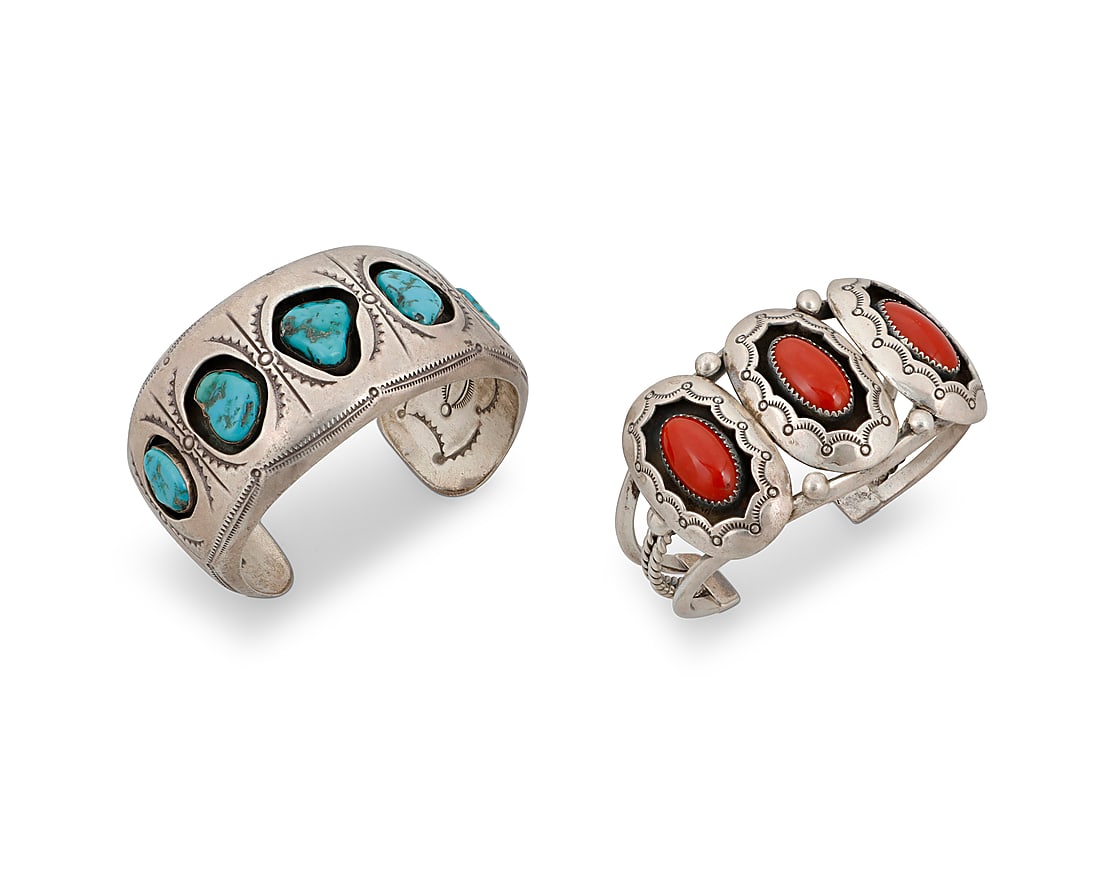 Two Dine (Navajo) sterling silver shadowbox cuff bracelets (1 of 2)