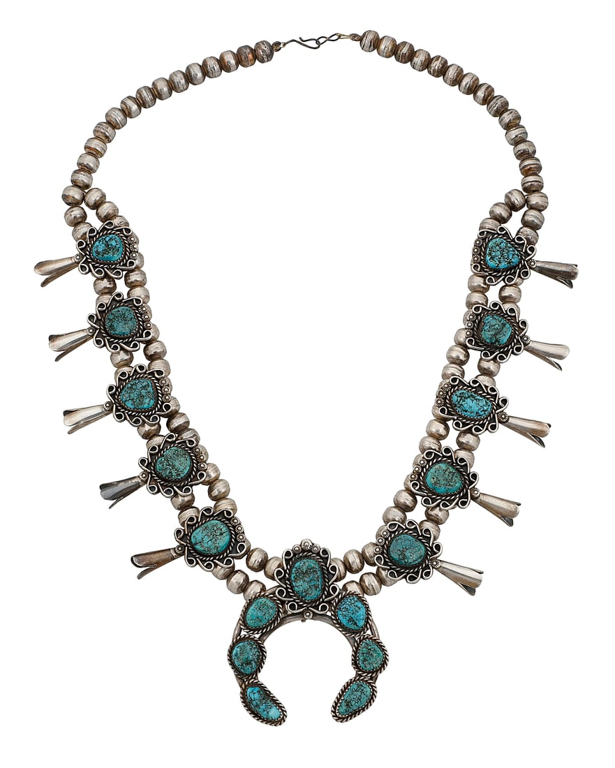A Southwest sterling silver and turquoise squash blossom necklace (1 of 3)