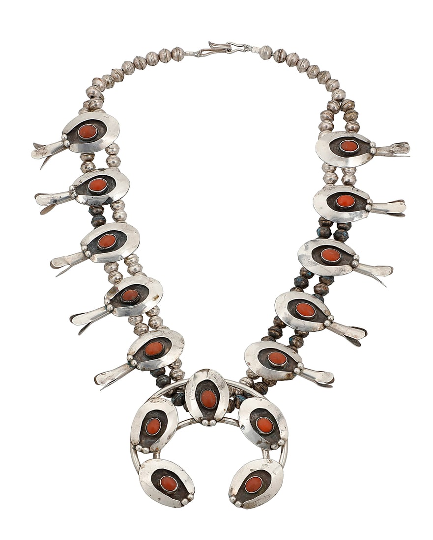 A Southwest sterling silver and coral squash blossom necklace (1 of 2)