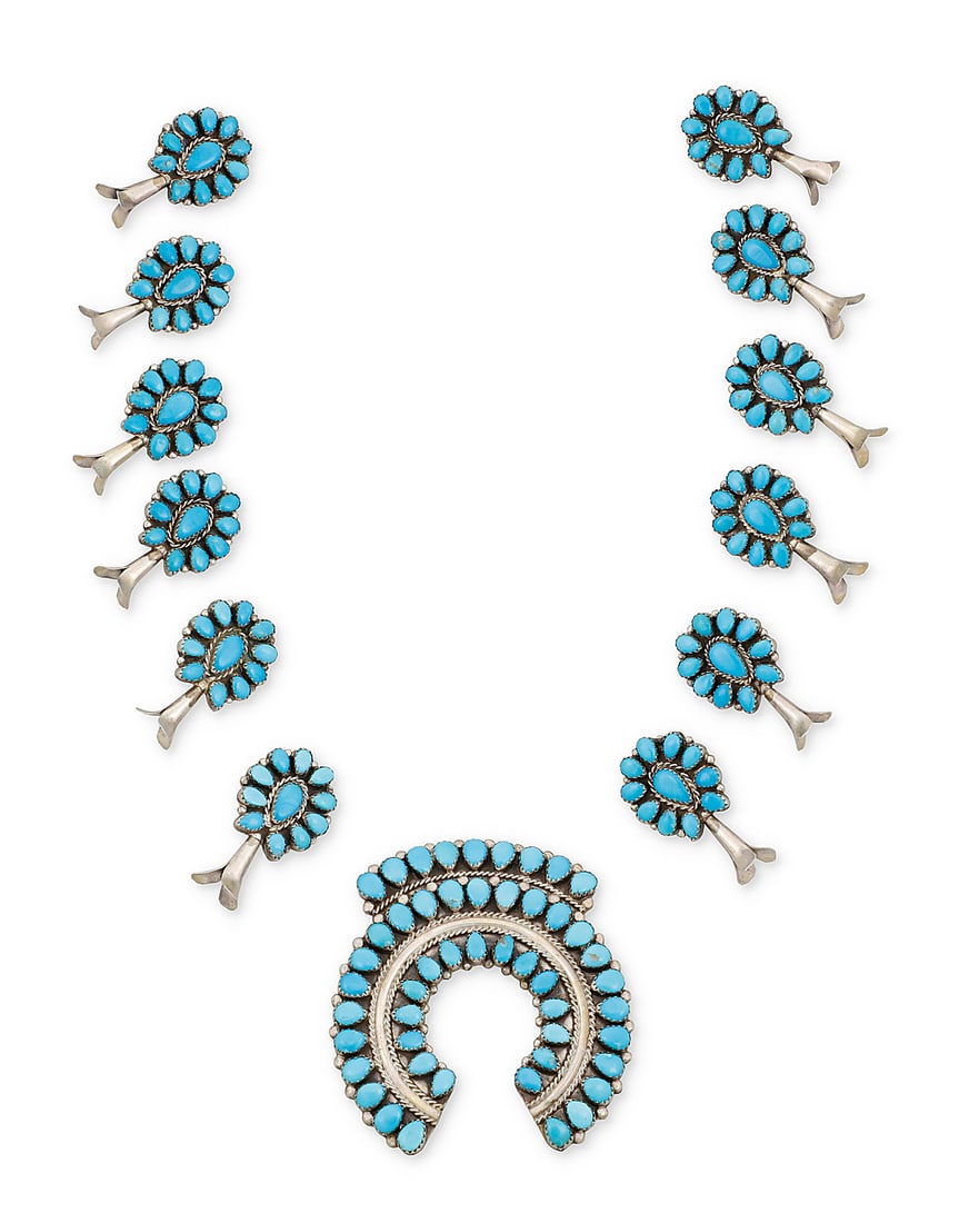 A set of Southwest petit point turquoise squash blossom necklace elements: A set of Southwest petit point turquoise squash blossom necklace elements Mid/late 20th century A group of necklace elements in sterling silver and cluster-set turquoise, likely by Victor Moses Begay 