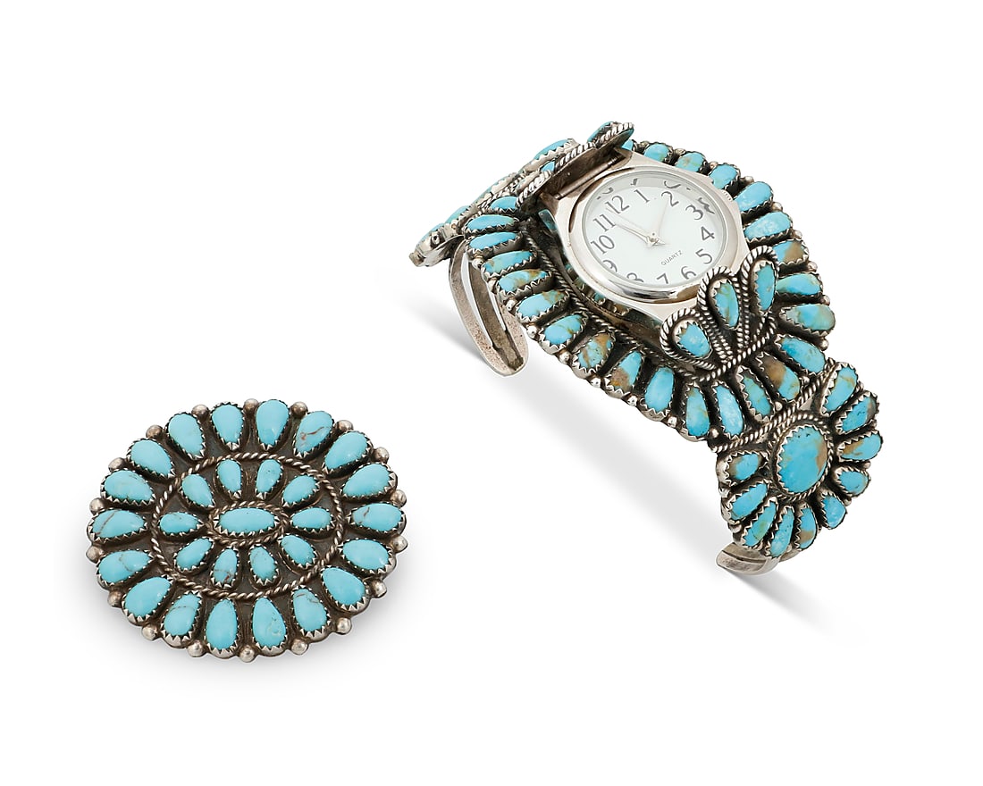 Two Southwest sterling silver and cluster set turquoise jewelry items (1 of 2)