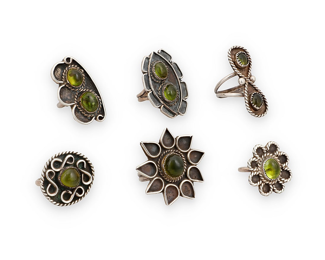 Six Southwest-style sterling silver and gemstone rings (1 of 2)