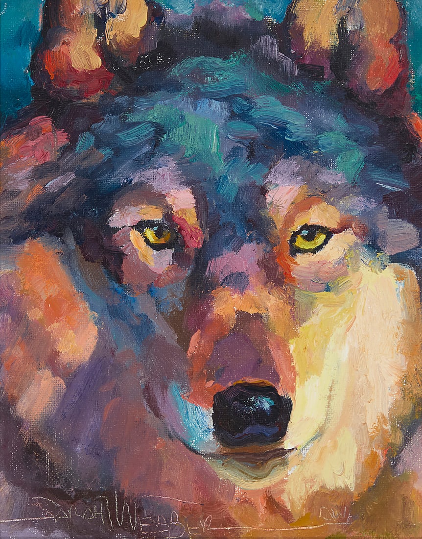 Sarah Webber (21st Century), "Wolf in Blue," 2016: Sarah Webber (21st Century) "Wolf in Blue," 2016 Oil on canvasboard With the incised signature lower left: Sarah Webber; signed again and titled verso; dated on a white tag strung to the frame's hangi