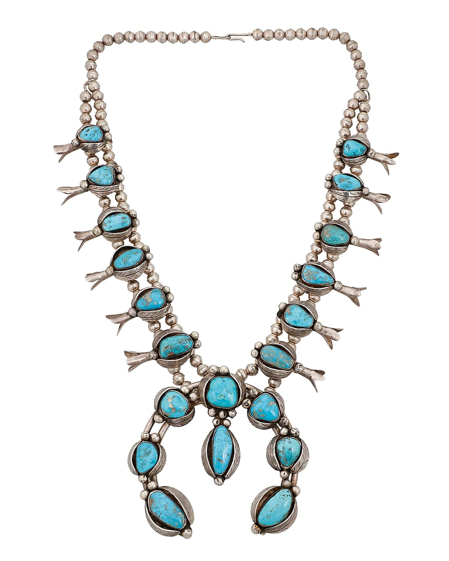 A Southwest sterling silver and turquoise squash blossom necklace (1 of 2)