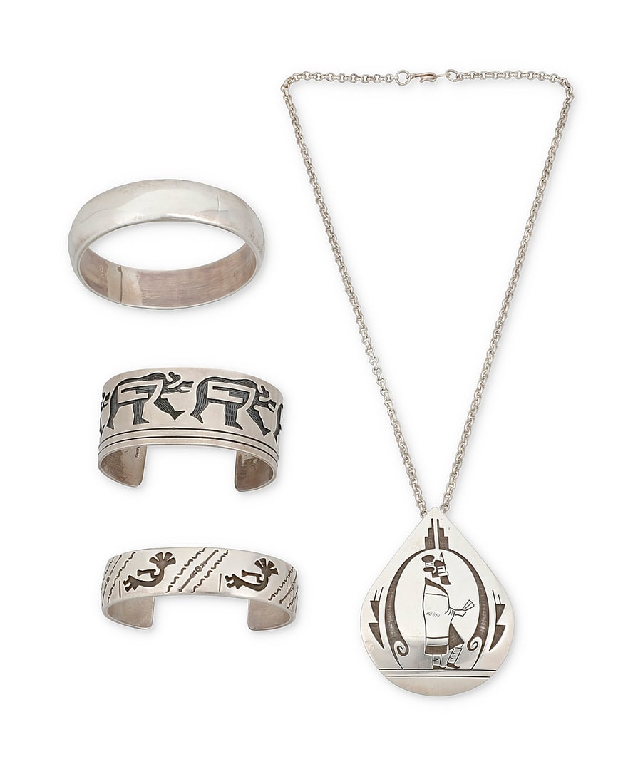 Four Southwest sterling silver & pictorial overlay jewelry items (1 of 2)
