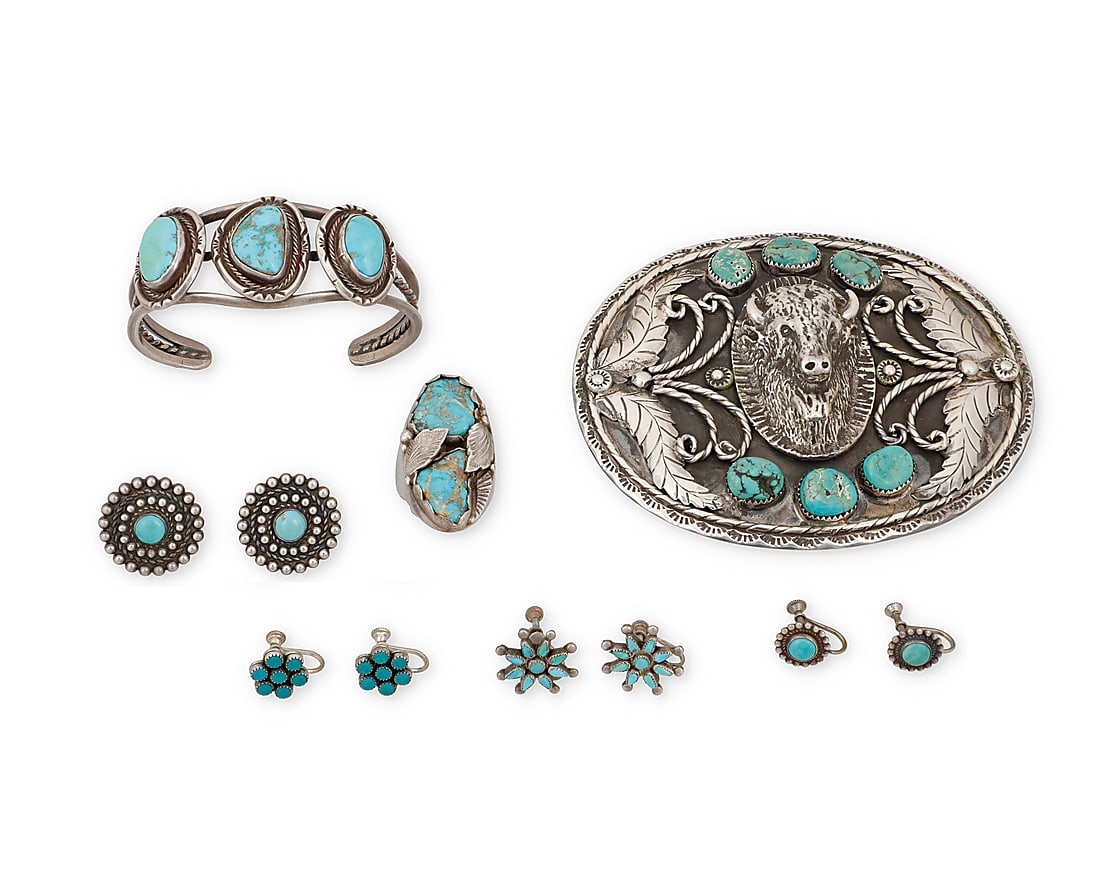 A group of Southwest-style sterling silver and turquoise jewelry: A group of Southwest-style sterling silver and turquoise jewelry Mid/late 20th century Buckle with indistinct marks; cuff etched: MJU; earring posts stamped: Sterling Six works comprising a large ster